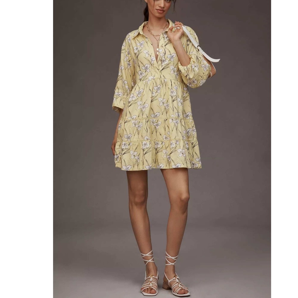 Anthropologie Maeve The Bettina Linen Blend Tiered Mini Shirt Dress XSP